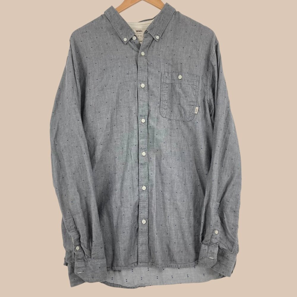 VANS Men's Gray Cotton Polka Dot & Back Pleated Pocket Button-Up Shirt Size Smal